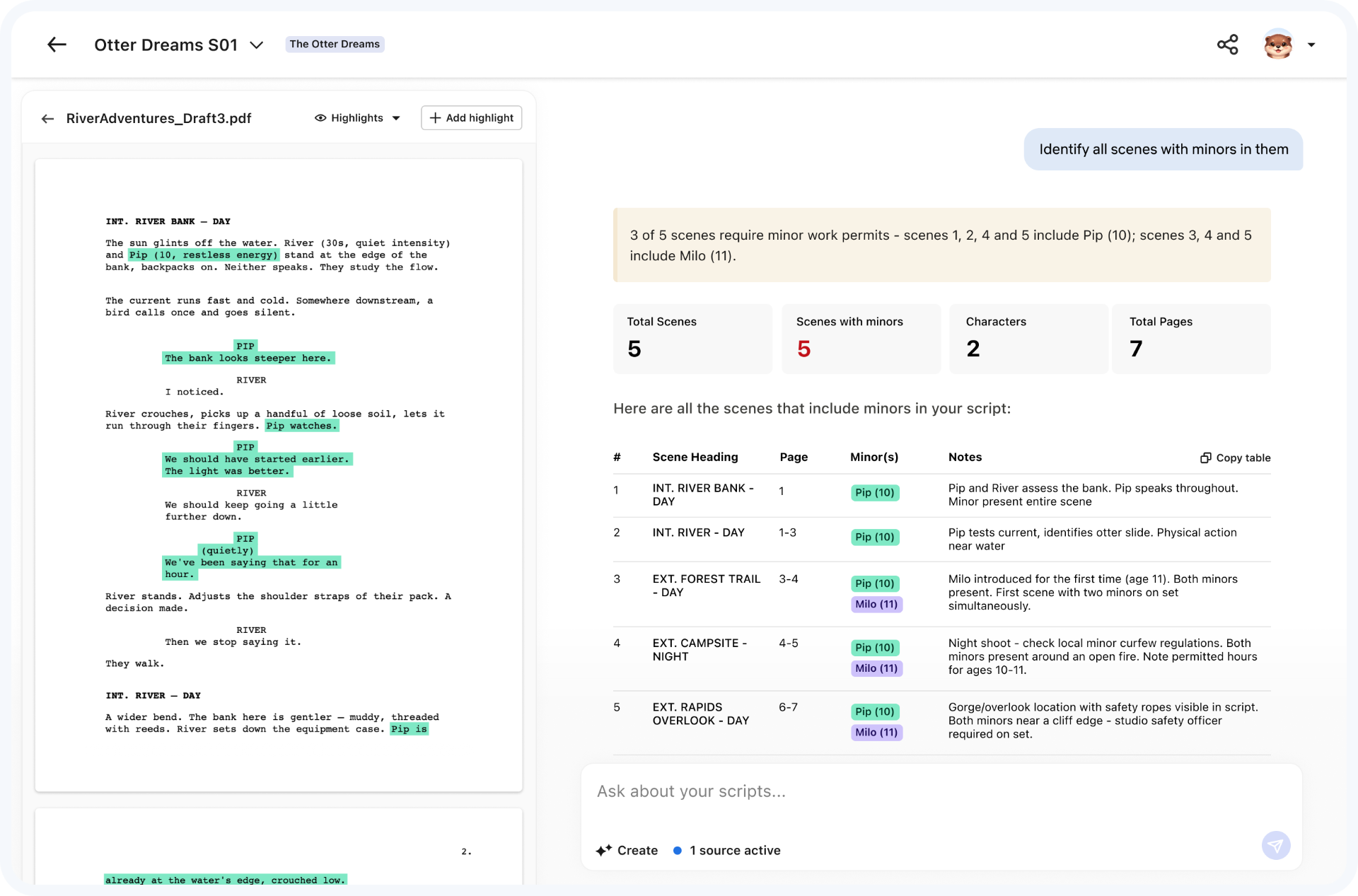 Concept mock of an automated script breakdown surfacing cast, locations, props, and scene requirements across a script.