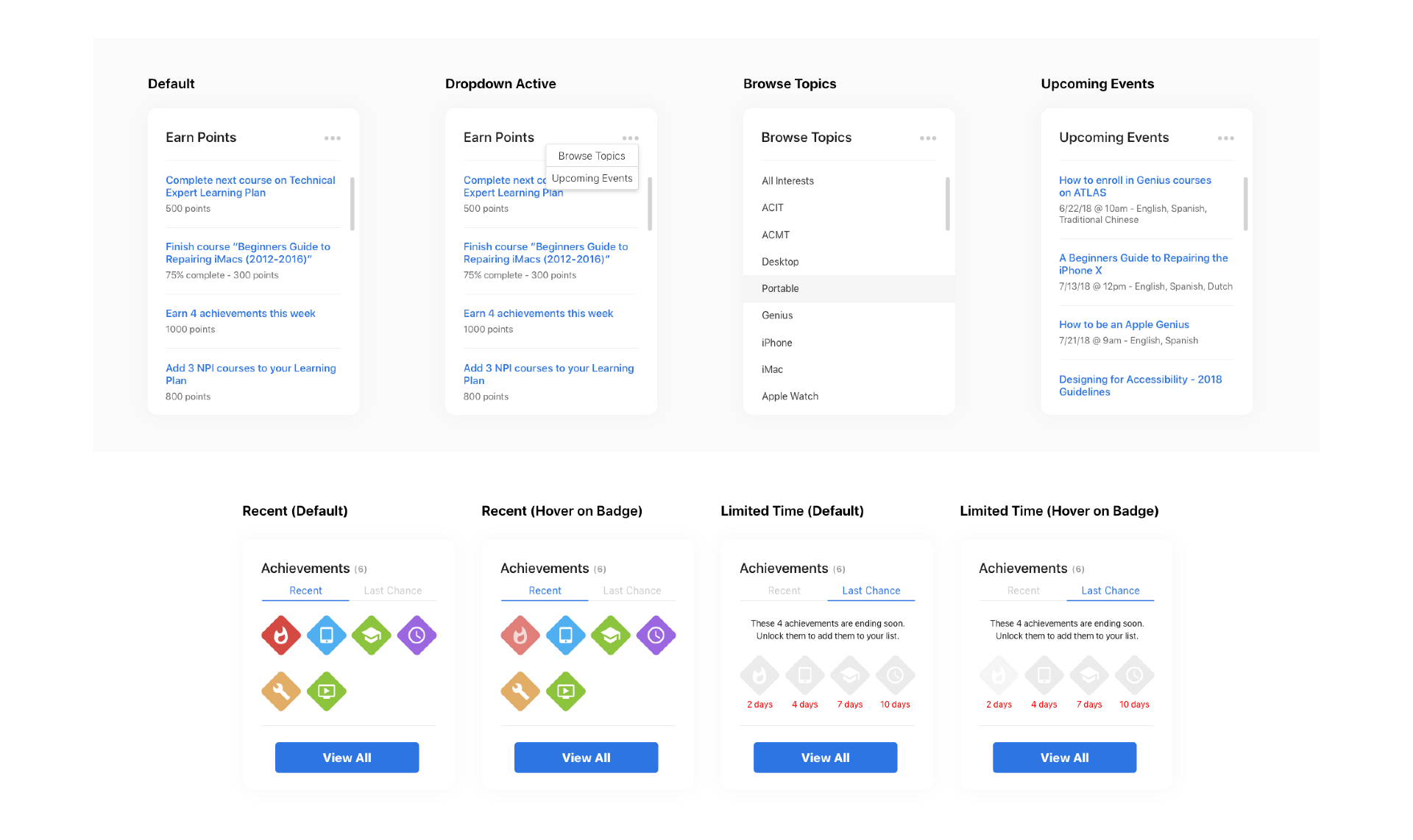 Personalization component sheet showing points, topics, upcoming events, and achievement modules in both default and hover states.