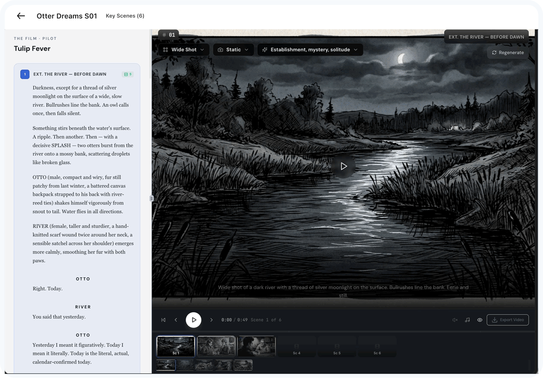 Concept mock of an animatics view rendering a cinematic scene from the script with shot controls and playback.