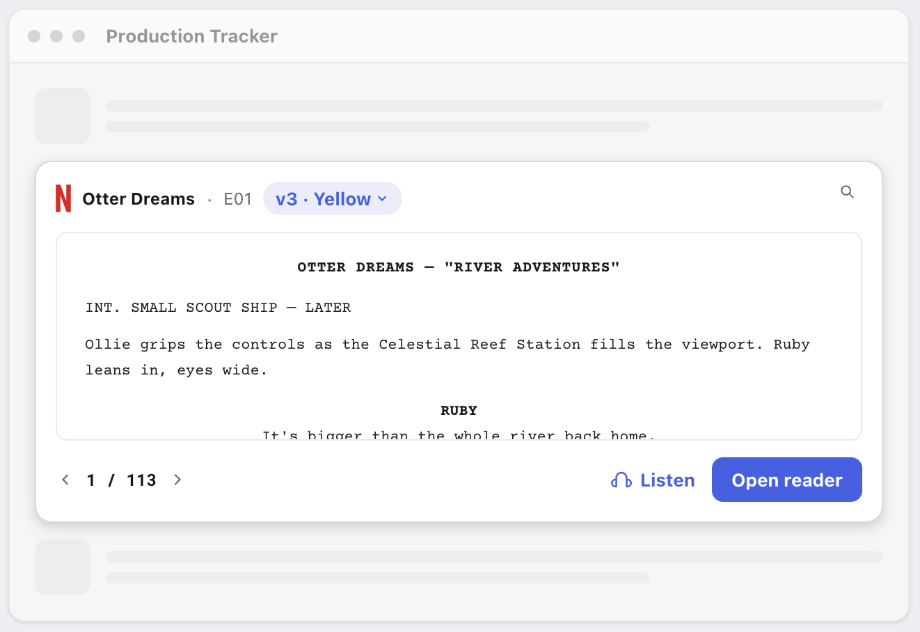 Scripts widget inline card embedded inside a Production Tracker page.