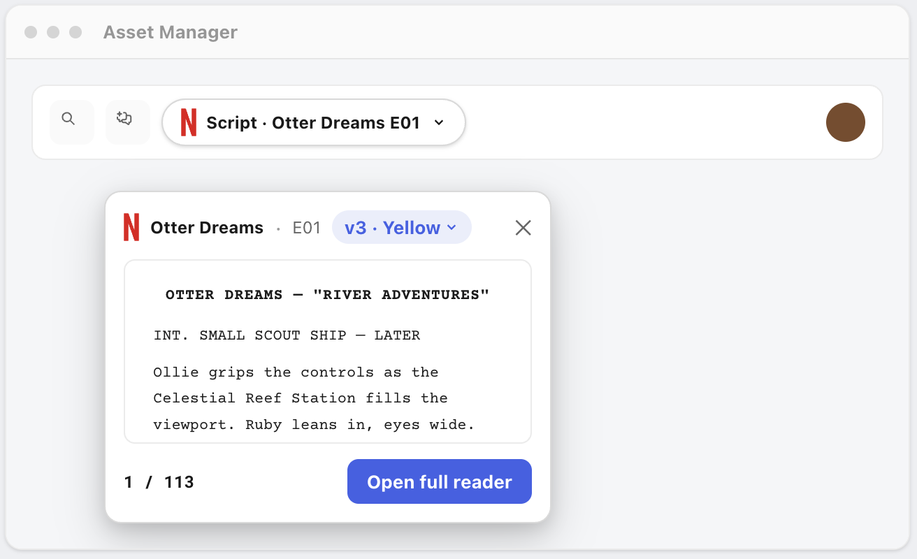 Scripts widget launch pill expanded into a reader popover inside Asset Manager.