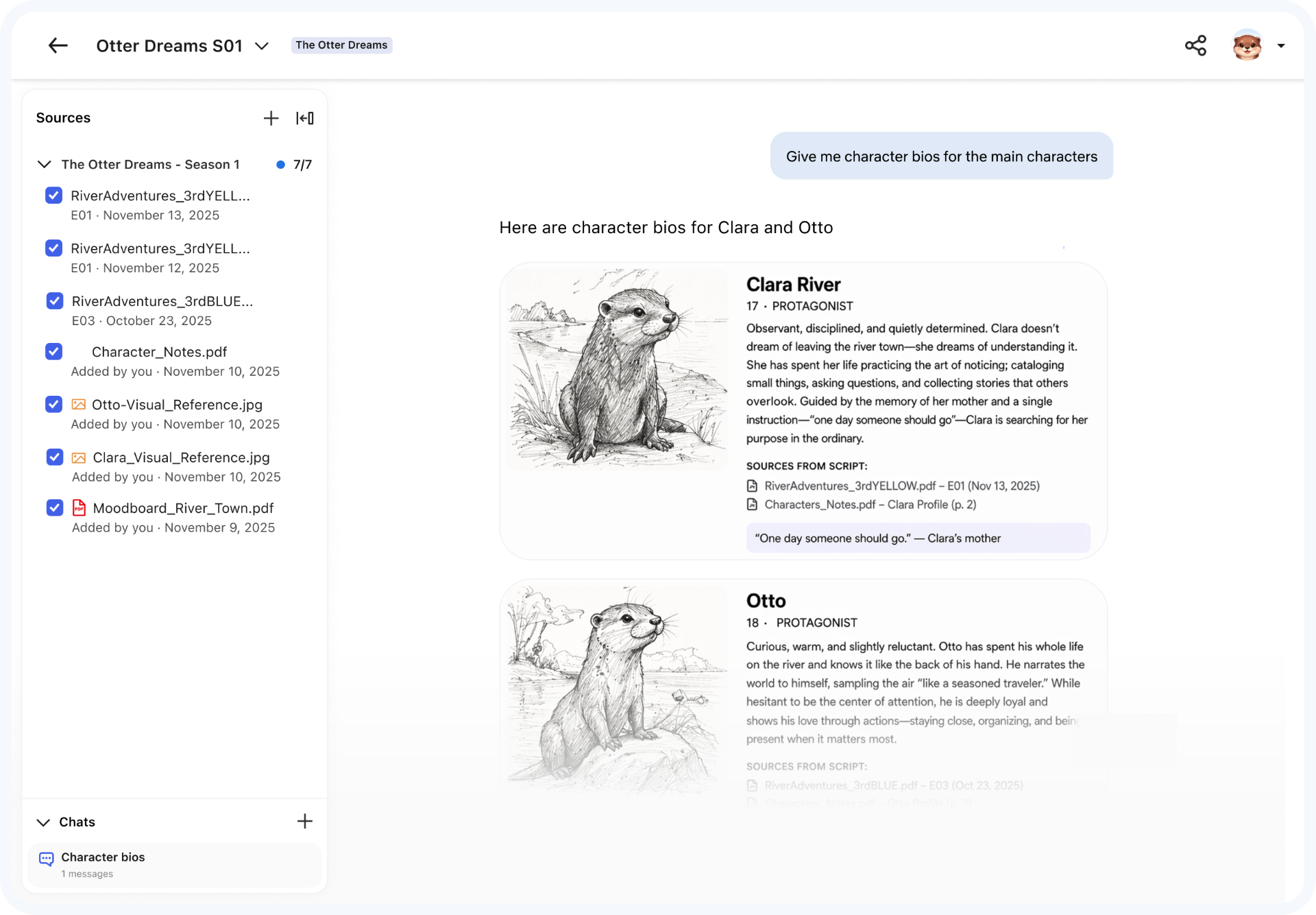 Concept mock of generated character bios with visual references and citations back to the script.