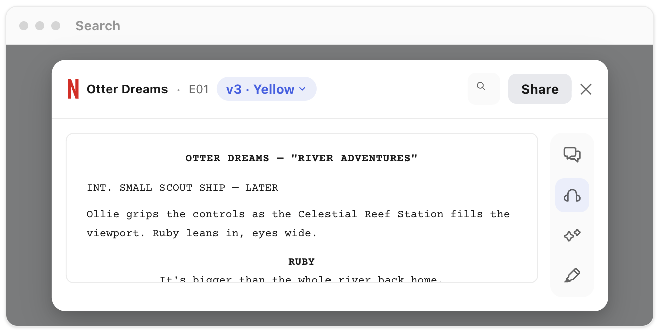 Scripts widget full modal reader overlaid on a dimmed Search app.