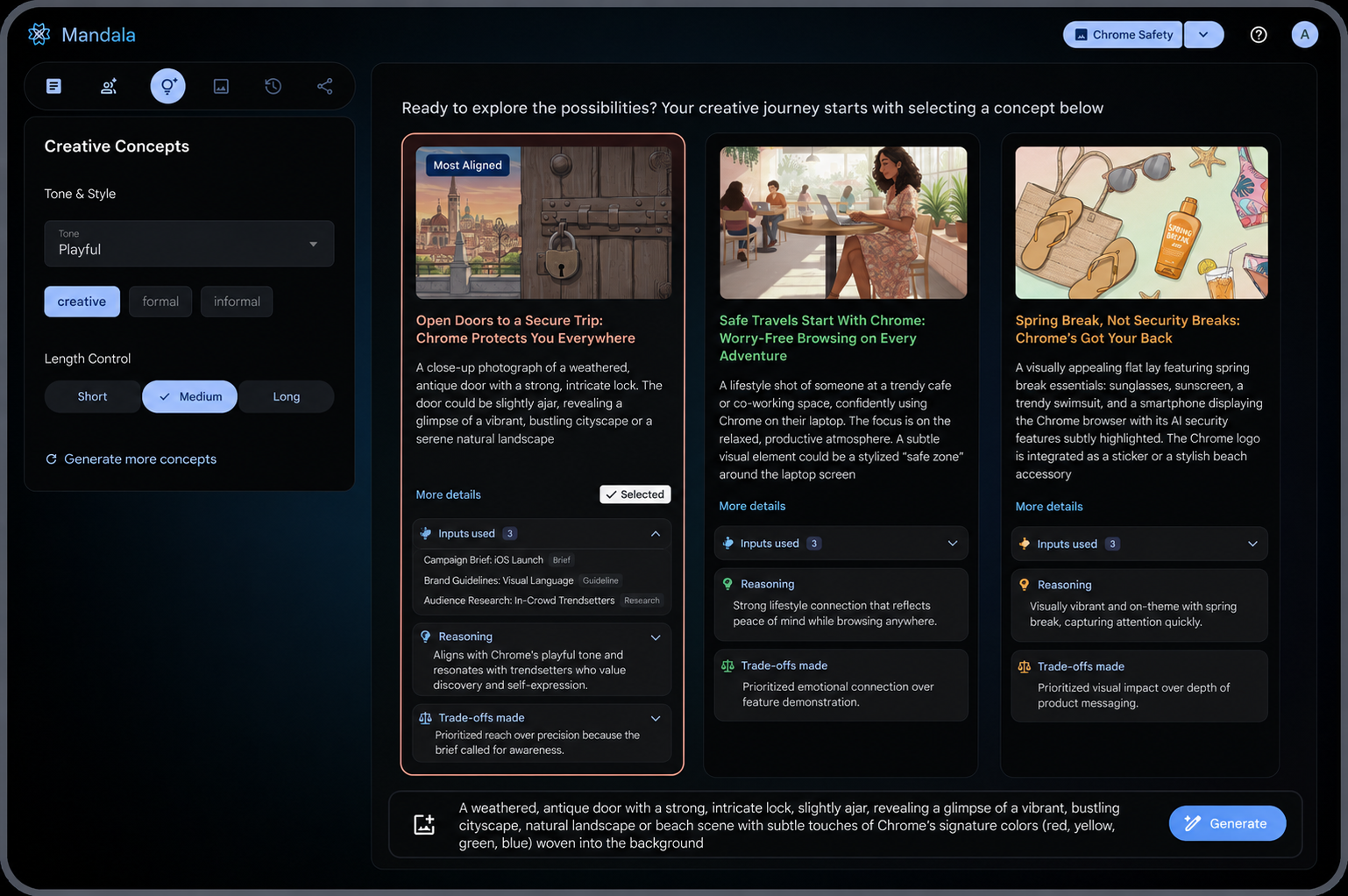 Mandala creative concepts UI showing three AI-generated concepts, each with a rationale card listing inputs used, reasoning, and trade-offs made.