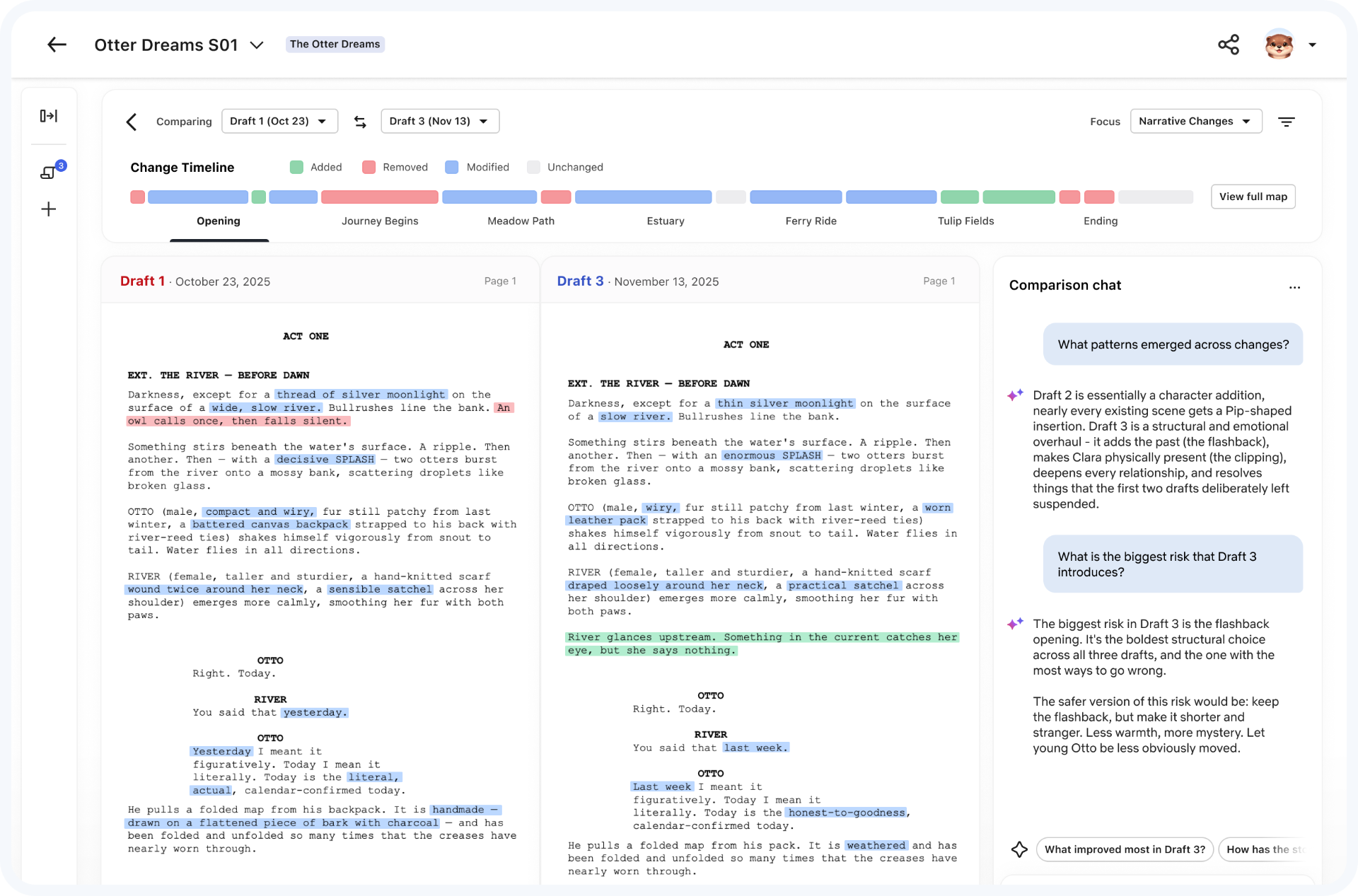 Concept mock of a side-by-side draft comparison with change timeline and comparison chat panel.