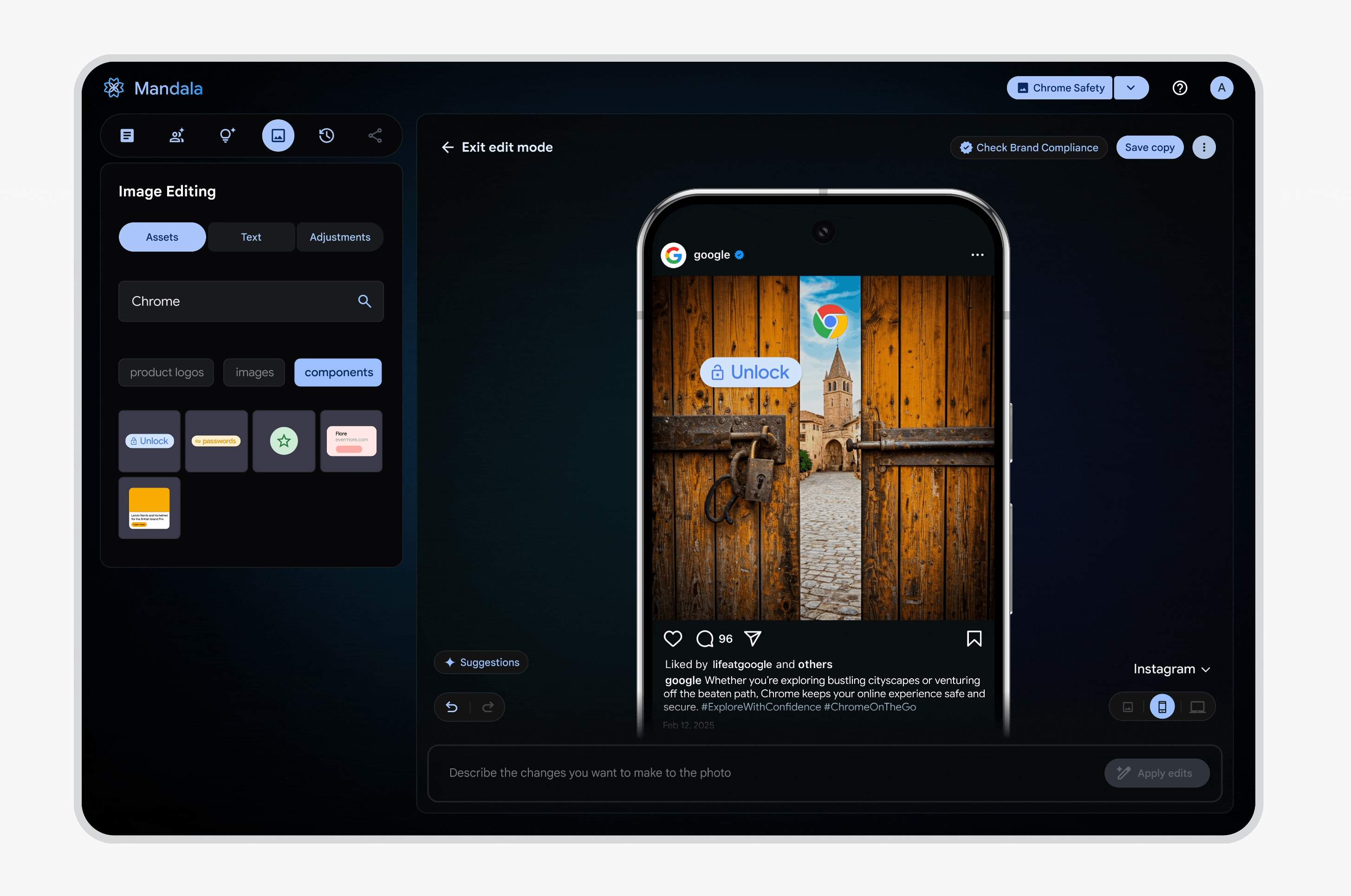 Animated prototype of Mandala's drag-and-drop asset integration with inline editing for brand-compliant campaign assets.