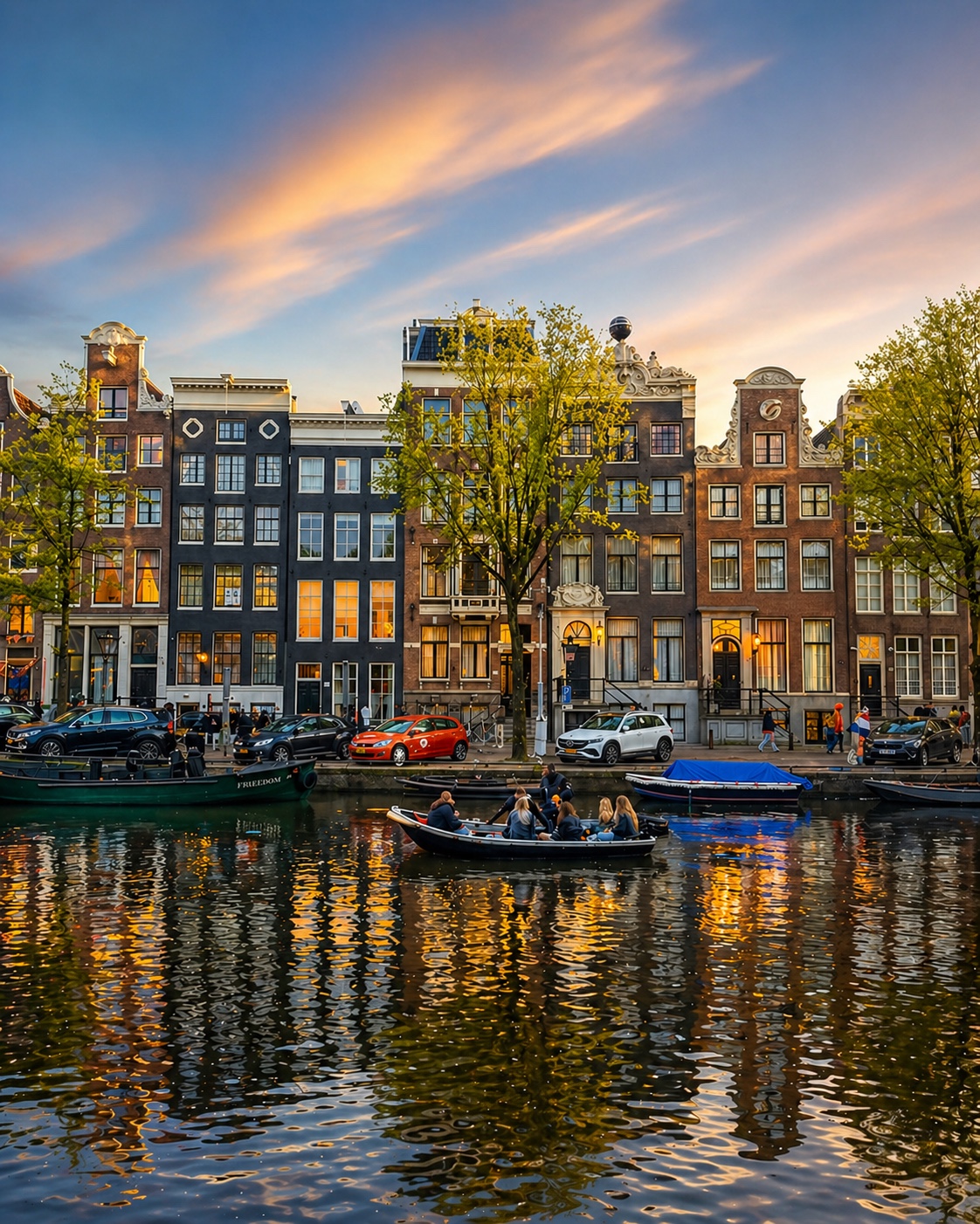 Warm evening light on canal houses, boats, and rippling reflections.